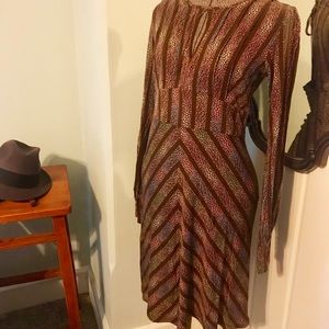 Long Sleeve Chevron Metallic Brown Midi Dress
